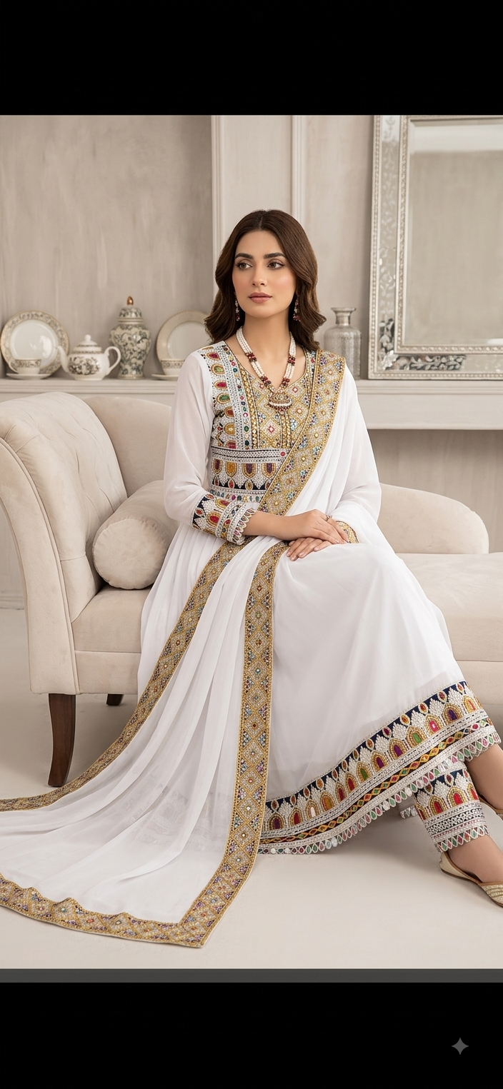 Traditional Pakistani Embroidered Afghani & Balochi Frock & Dupatta Set