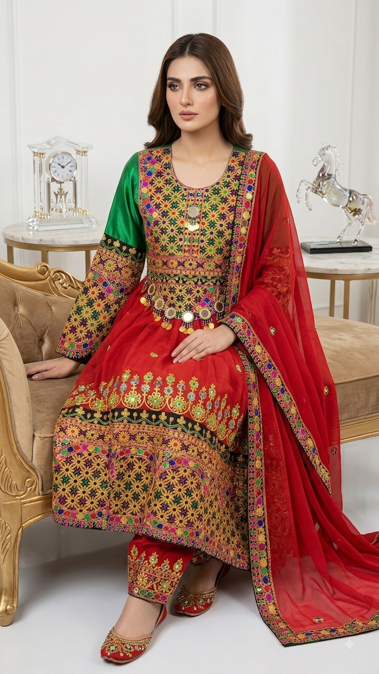 Traditional Pakistani Embroidered Afghani & Balochi Frock & Dupatta Set