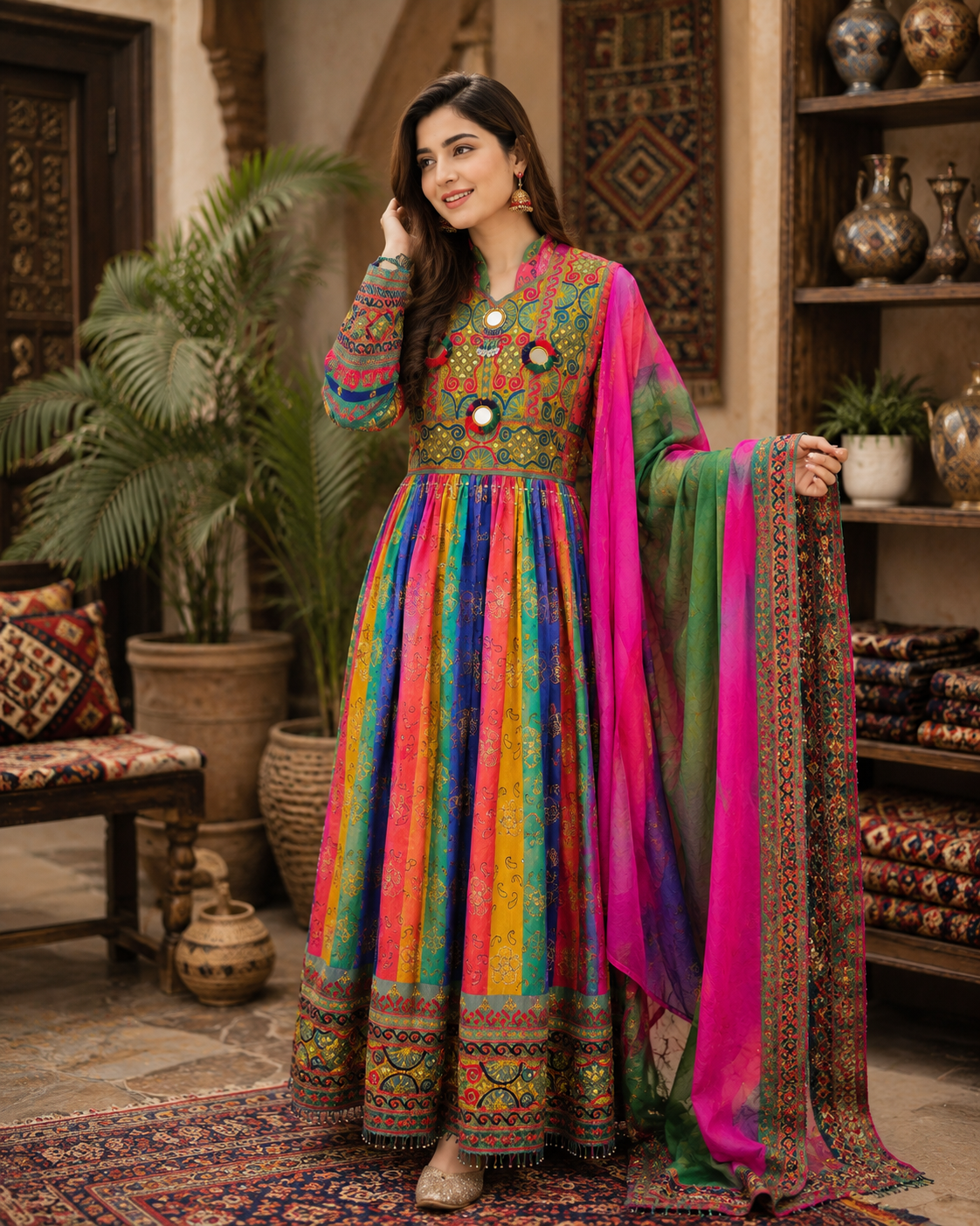 Traditional Pakistani Embroidered Afghani Frock & Dupatta Set