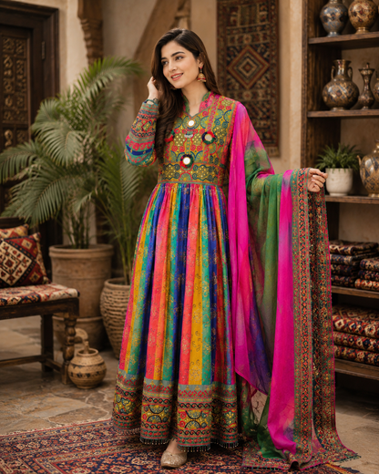 Traditional Pakistani Embroidered Afghani Frock & Dupatta Set