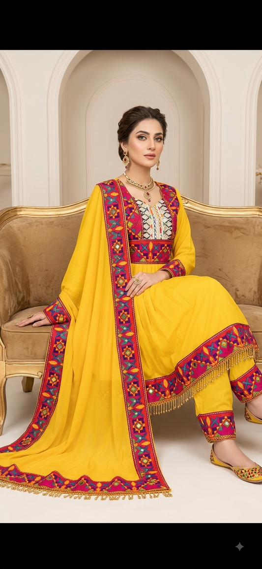 Traditional Pakistani Embroidered Afghani & Balochi Frock & Dupatta Set