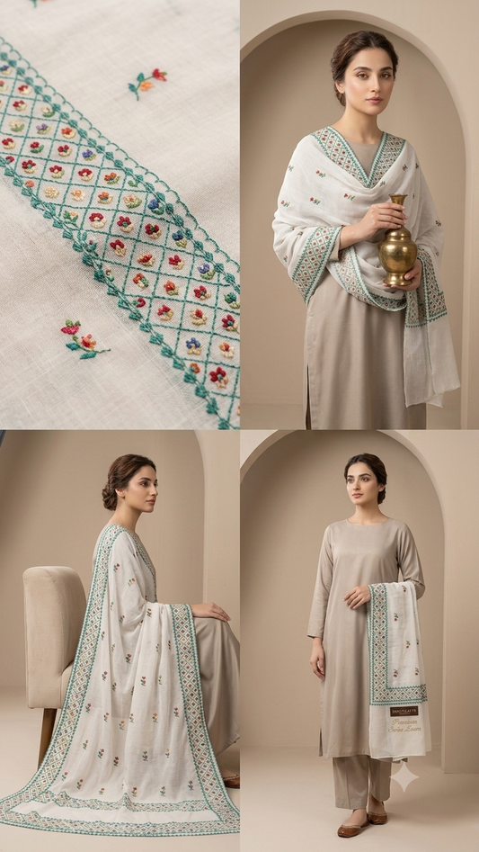 Hand-Embroidered Swiss Lawn Stole / Chadar