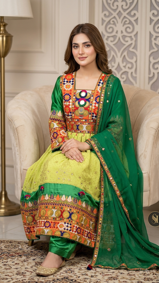 Traditional Pakistani Embroidered Afghani & Balochi Frock & Dupatta Set