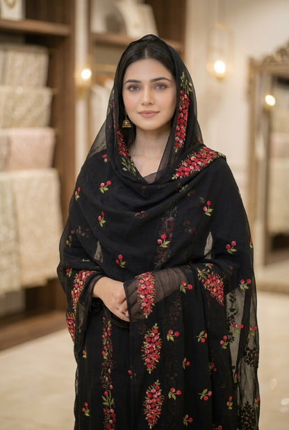 Elegant Black Floral Embroidered Shawl by Swaticrafts