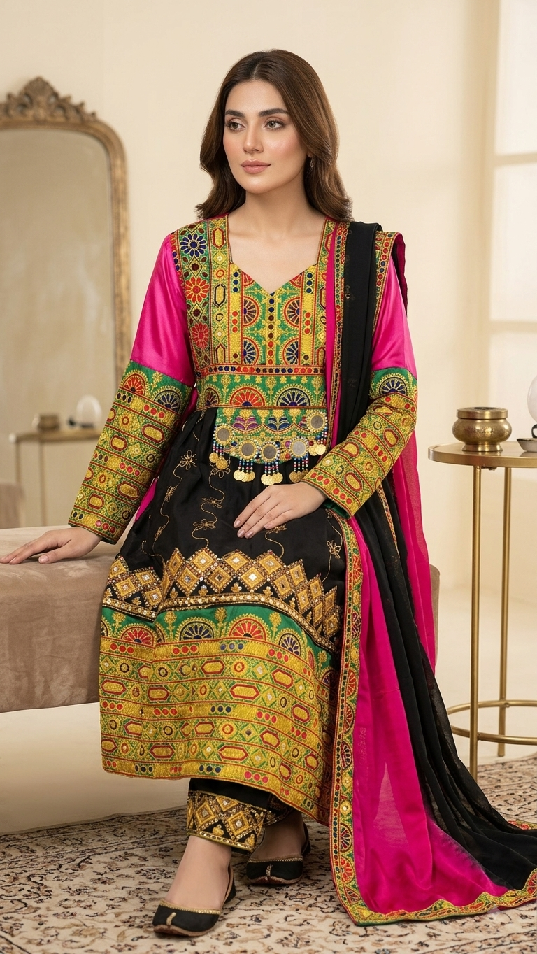Traditional Pakistani Embroidered Afghani & Balochi Frock & Dupatta Set