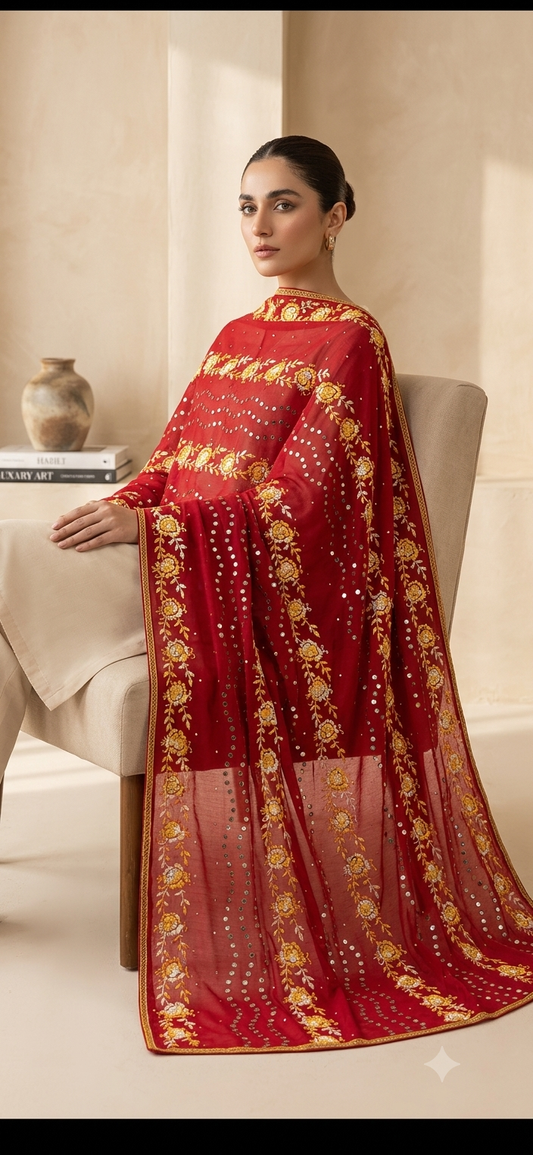 Hand-Embroidered Swiss Lawn Shawl with Mukesh Work