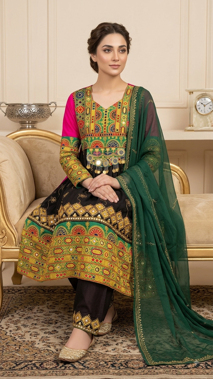 Traditional Pakistani Embroidered Afghani & Balochi Frock & Dupatta Set