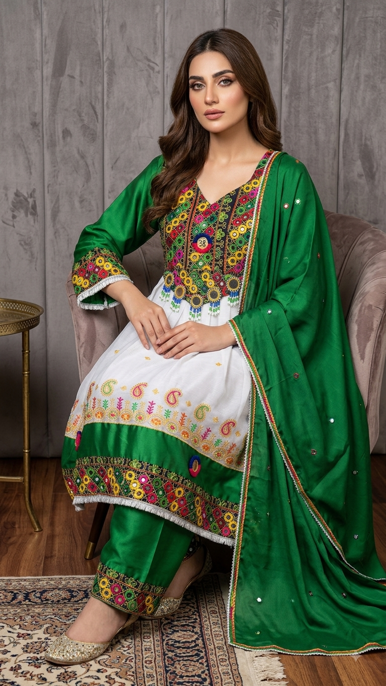 Traditional Pakistani Embroidered Afghani & Balochi Frock & Dupatta Set