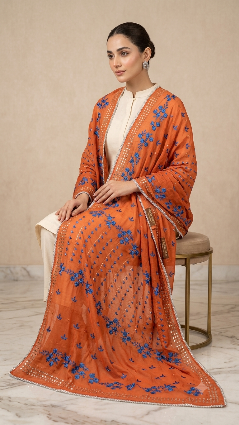 Signature Hand-Embroidered Mukesh Lawn Dupatta Chadar