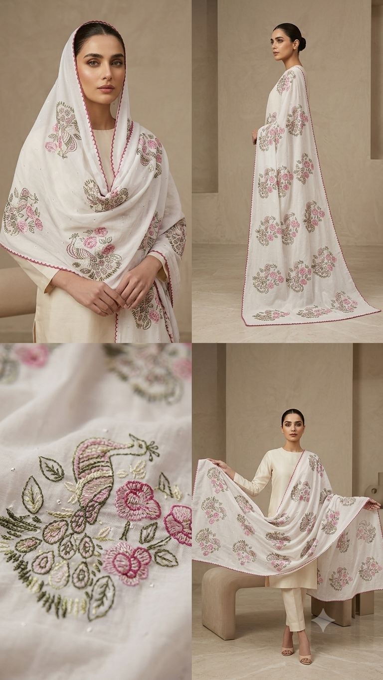 Handcrafted Floral & Peacock Embroidered Summer Swiss Lawn Wrap / Chadar