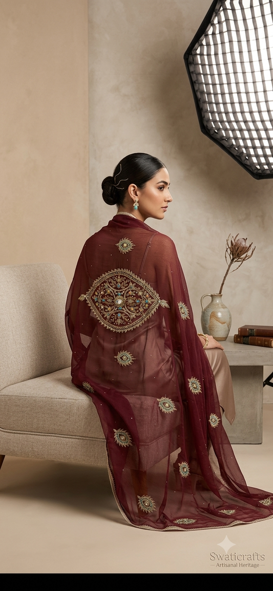 Royal Maroon Hand-Embroidered Swiss Lawn Shawl/Chadar