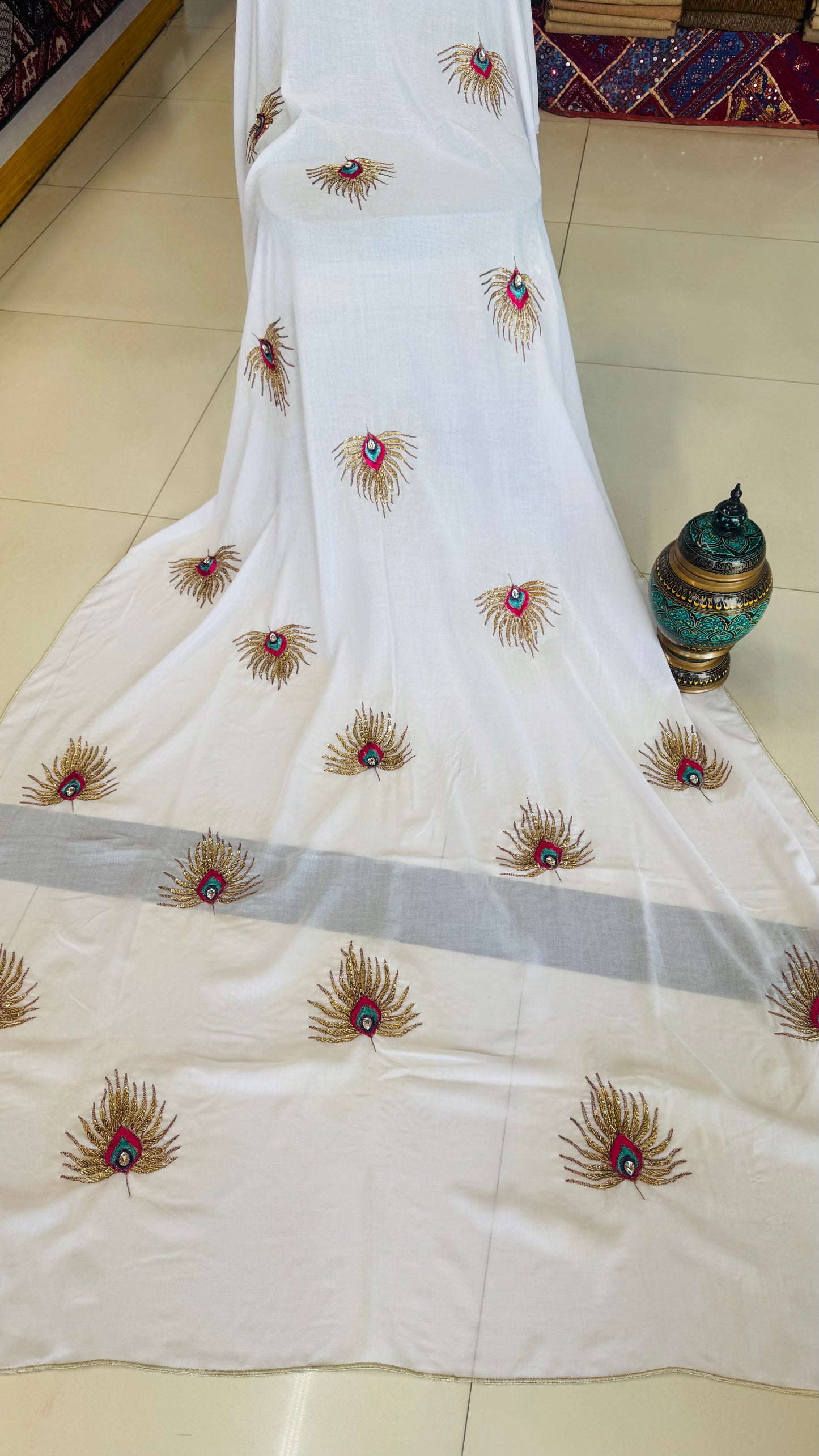 The Royal Peacock Motif Hand-Embroidered Swiss Lawn Chadar