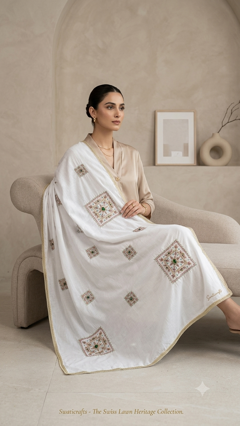 Swaticrafts Signature Hand-Embroidered Lawn Shawl/chadar
