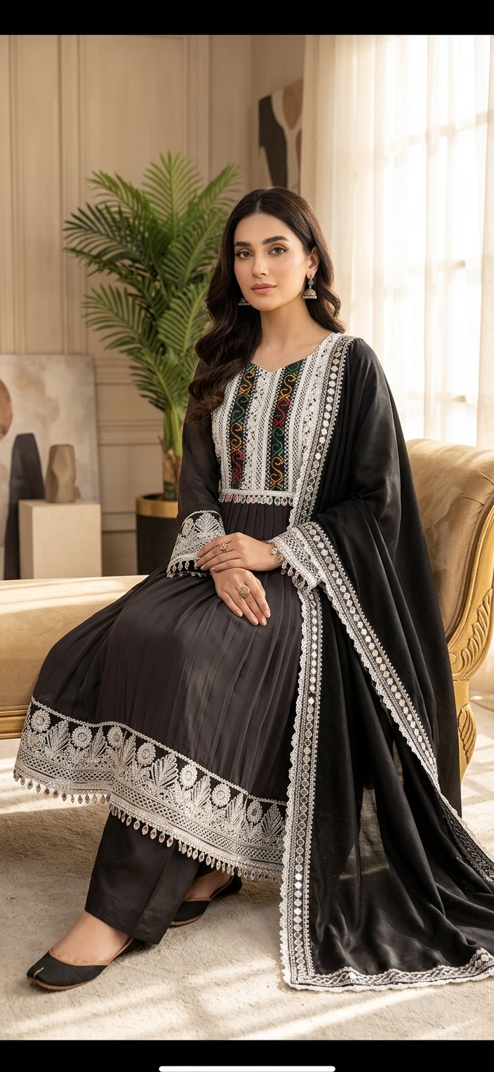 Traditional Pakistani Embroidered Afghani & Balochi Frock & Dupatta Set