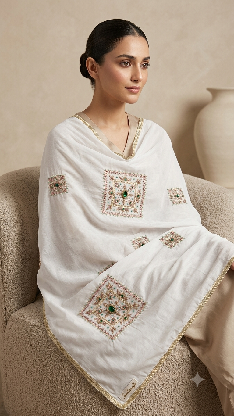 Swaticrafts Signature Hand-Embroidered Lawn Shawl/chadar