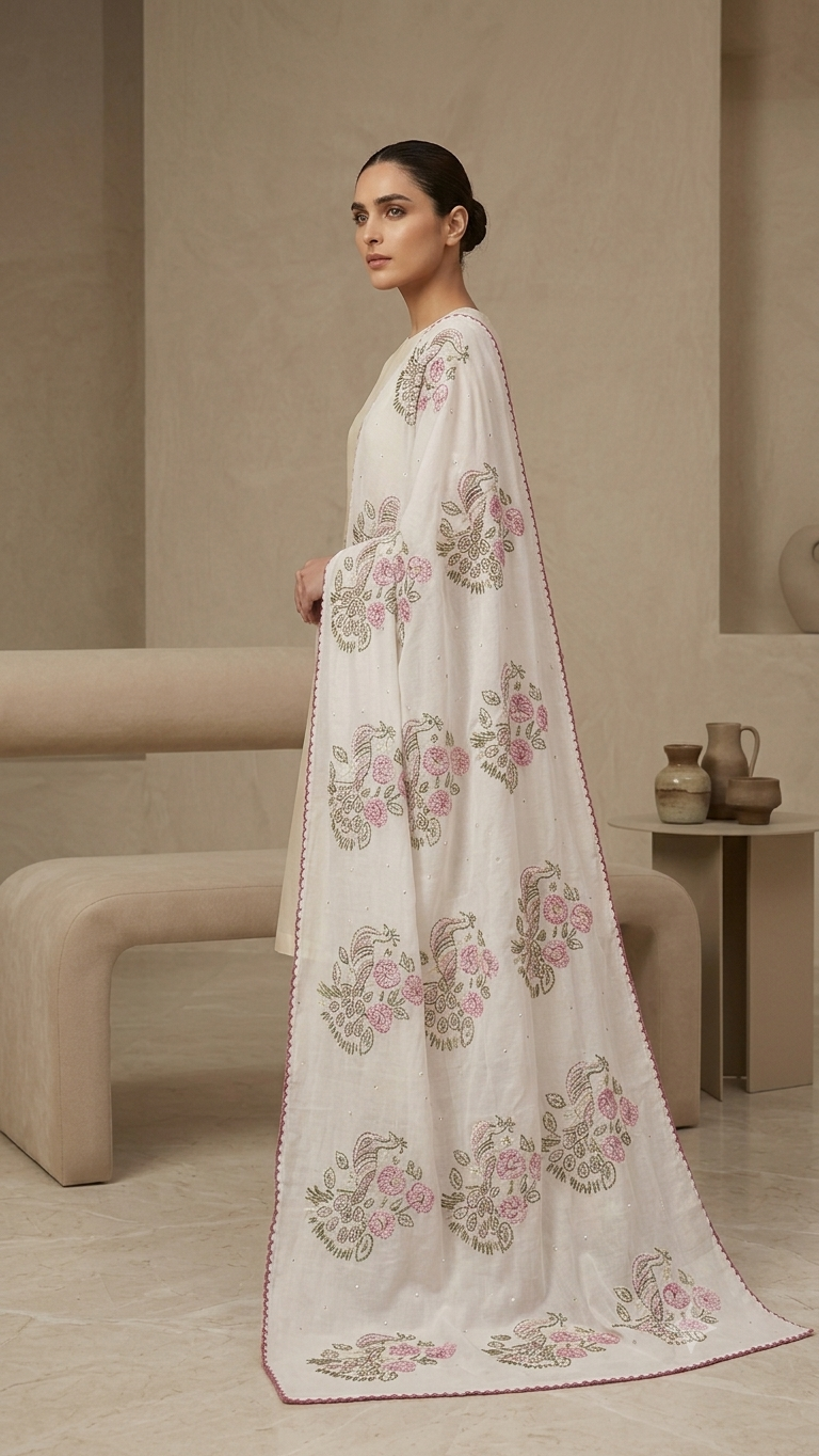 Handcrafted Floral & Peacock Embroidered Summer Swiss Lawn Wrap / Chadar