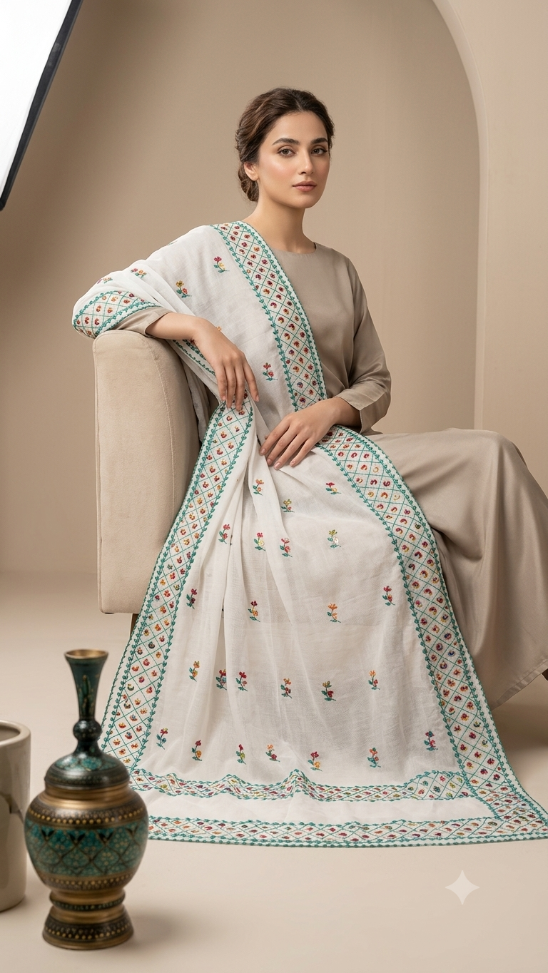 Hand-Embroidered Swiss Lawn Stole / Chadar