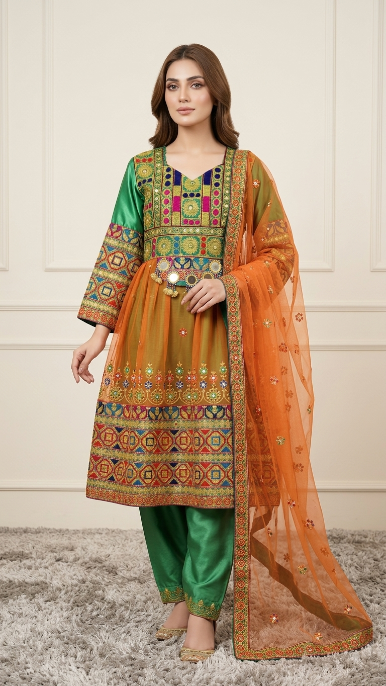 Traditional Pakistani Embroidered Afghani & Balochi Frock & Dupatta Set