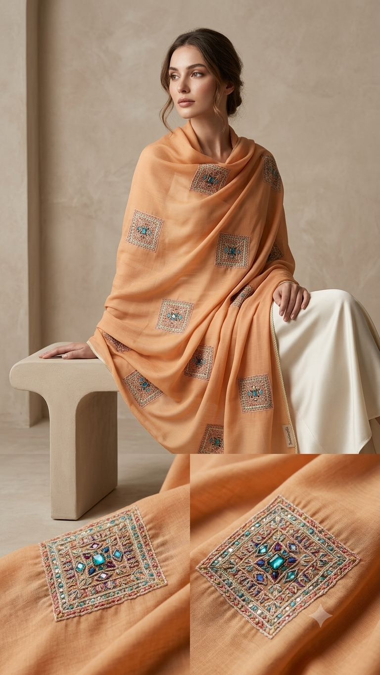 Swaticrafts Signature Hand-Embroidered Swiss Lawn Shawl/chadar