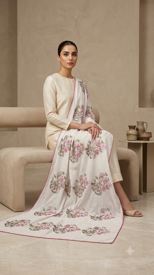 Handcrafted Floral & Peacock Embroidered Summer Swiss Lawn Wrap / Chadar