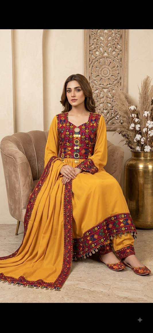 Traditional Pakistani Embroidered Afghani & Balochi Frock & Dupatta Set