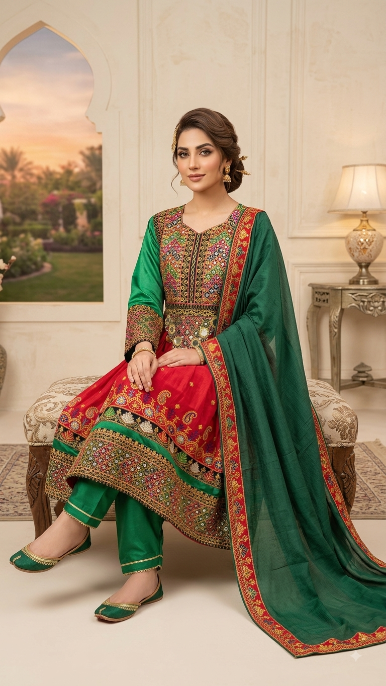 Traditional Pakistani Embroidered Afghani & Balochi Frock & Dupatta Set