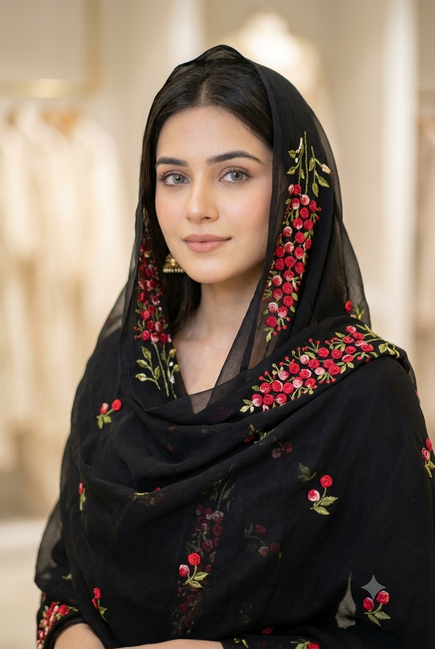 Elegant Black Floral Embroidered Shawl by Swaticrafts