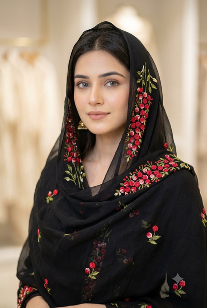Elegant Black Floral Embroidered Shawl by Swaticrafts