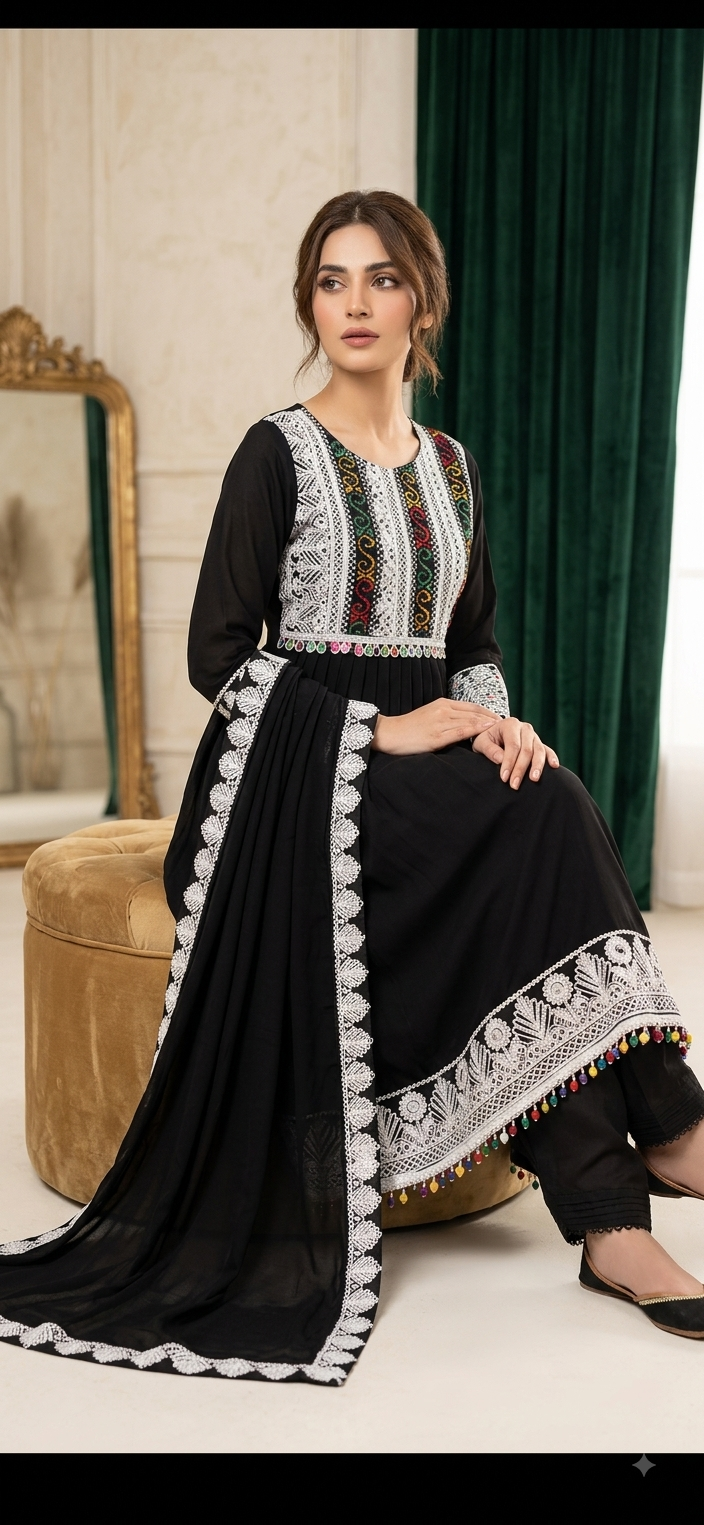 Traditional Pakistani Embroidered Afghani & Balochi Frock & Dupatta Set