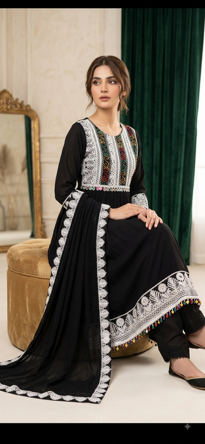 Traditional Pakistani Embroidered Afghani & Balochi Frock & Dupatta Set