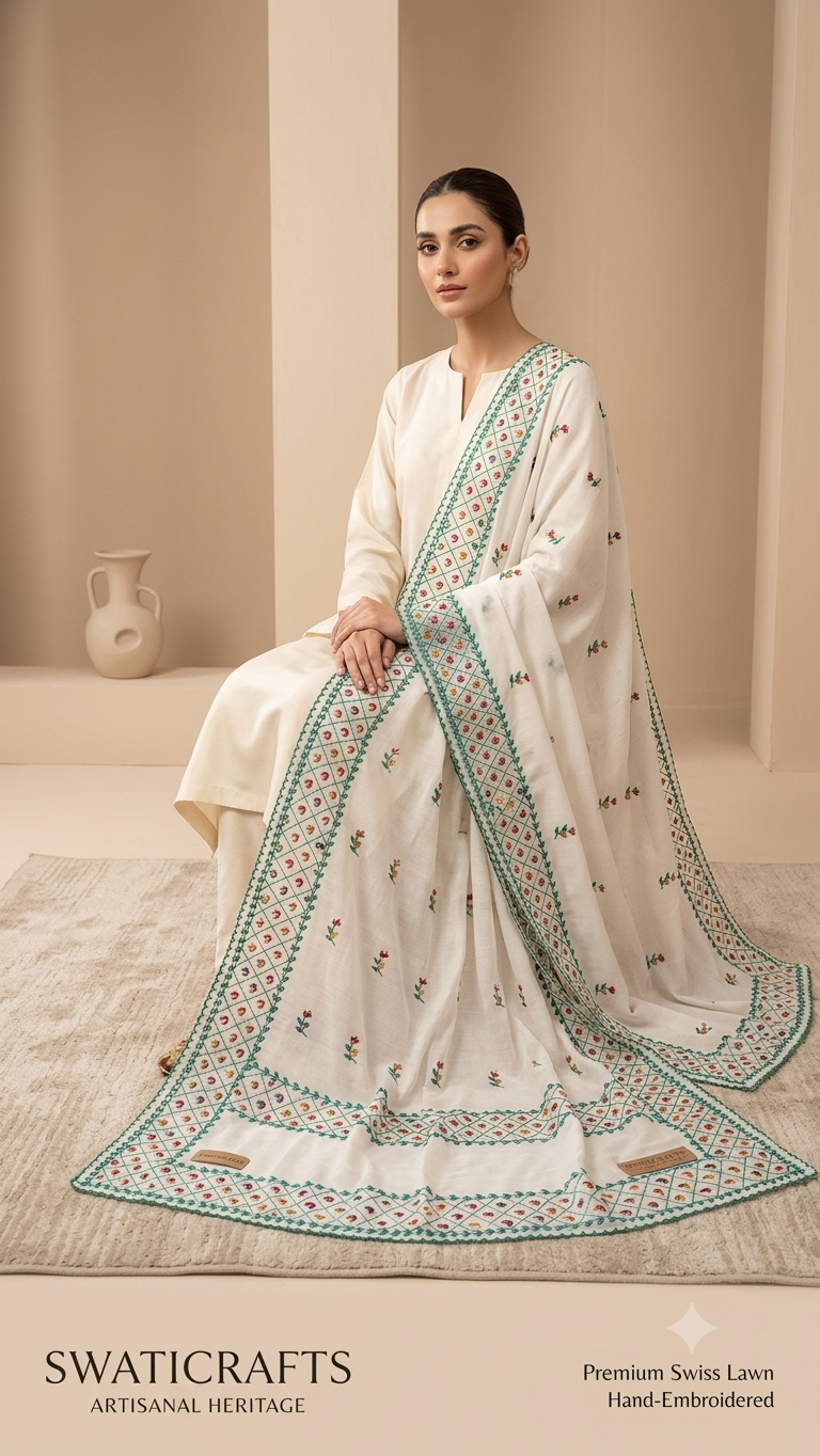 Hand-Embroidered Swiss Lawn Stole / Chadar