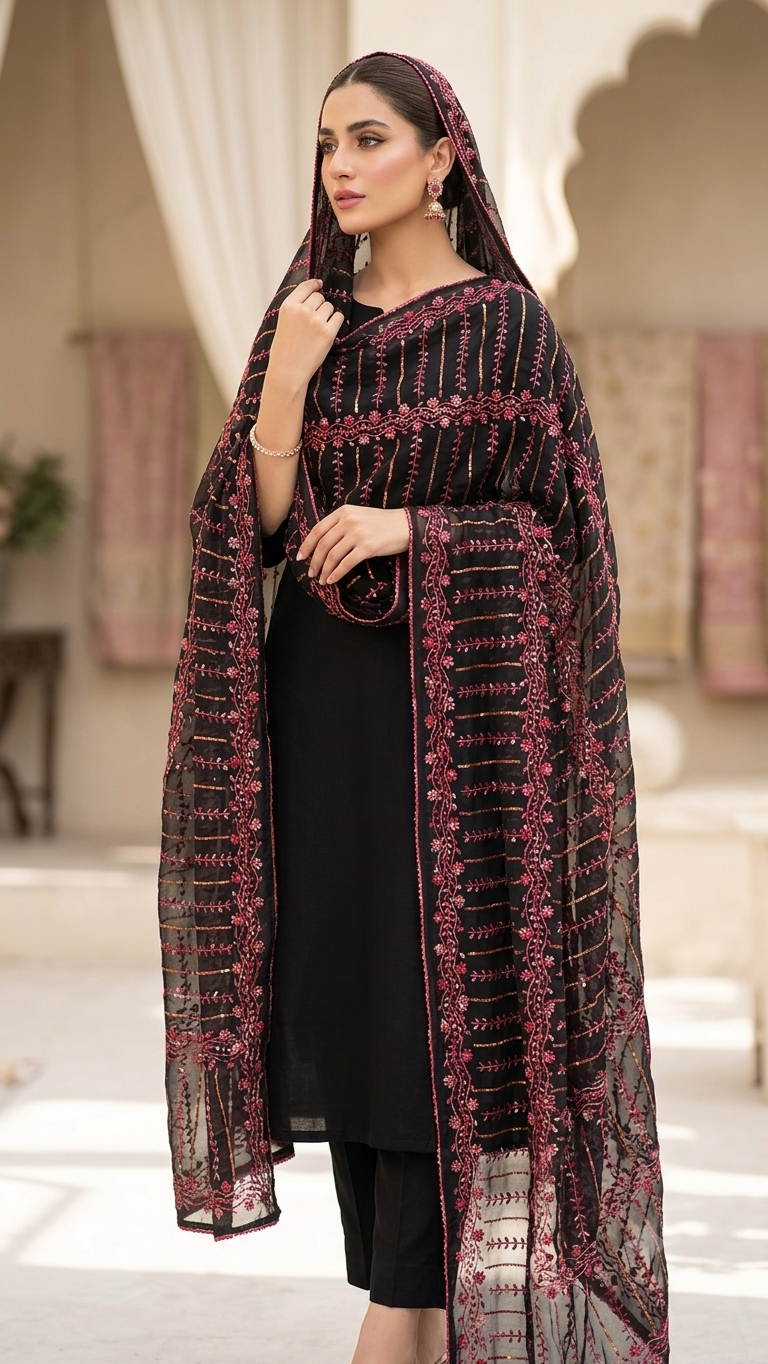 Black Embroidered Summer Chadar