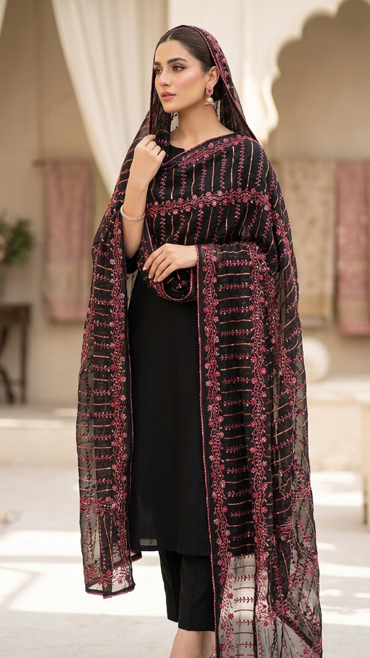 Black Embroidered Summer Chadar
