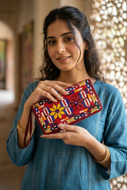 Embroidered Zip-Around Clutch Purse