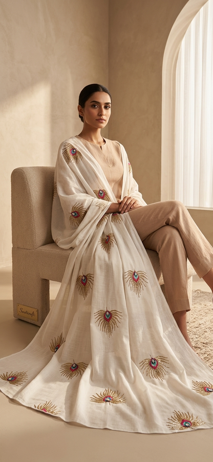 The Royal Peacock Motif Hand-Embroidered Swiss Lawn Chadar