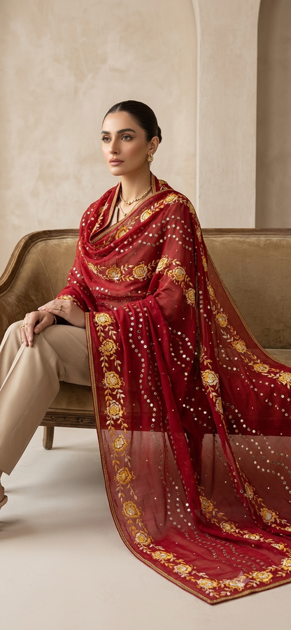 Hand-Embroidered Swiss Lawn Shawl with Mukesh Work