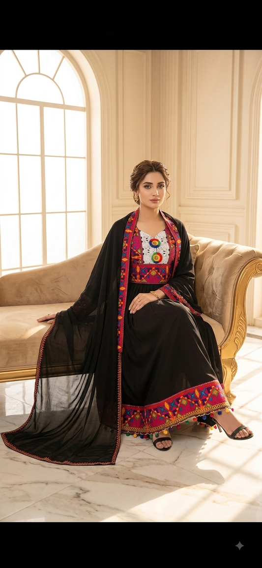 Traditional Pakistani Embroidered Afghani & Balochi Frock & Dupatta Set