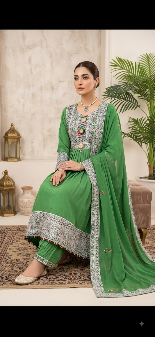 Traditional Pakistani Embroidered Afghani & Balochi Frock & Dupatta Set