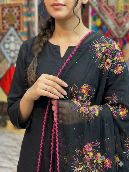 Swaticrafts SWISS LAWN Vibrant Peacock Motif Black Silk-Feel Dupatta
