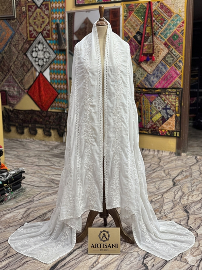 Swaticrafts Elegant White Hand-Embroidered Swiss Lawn Summer Shawl