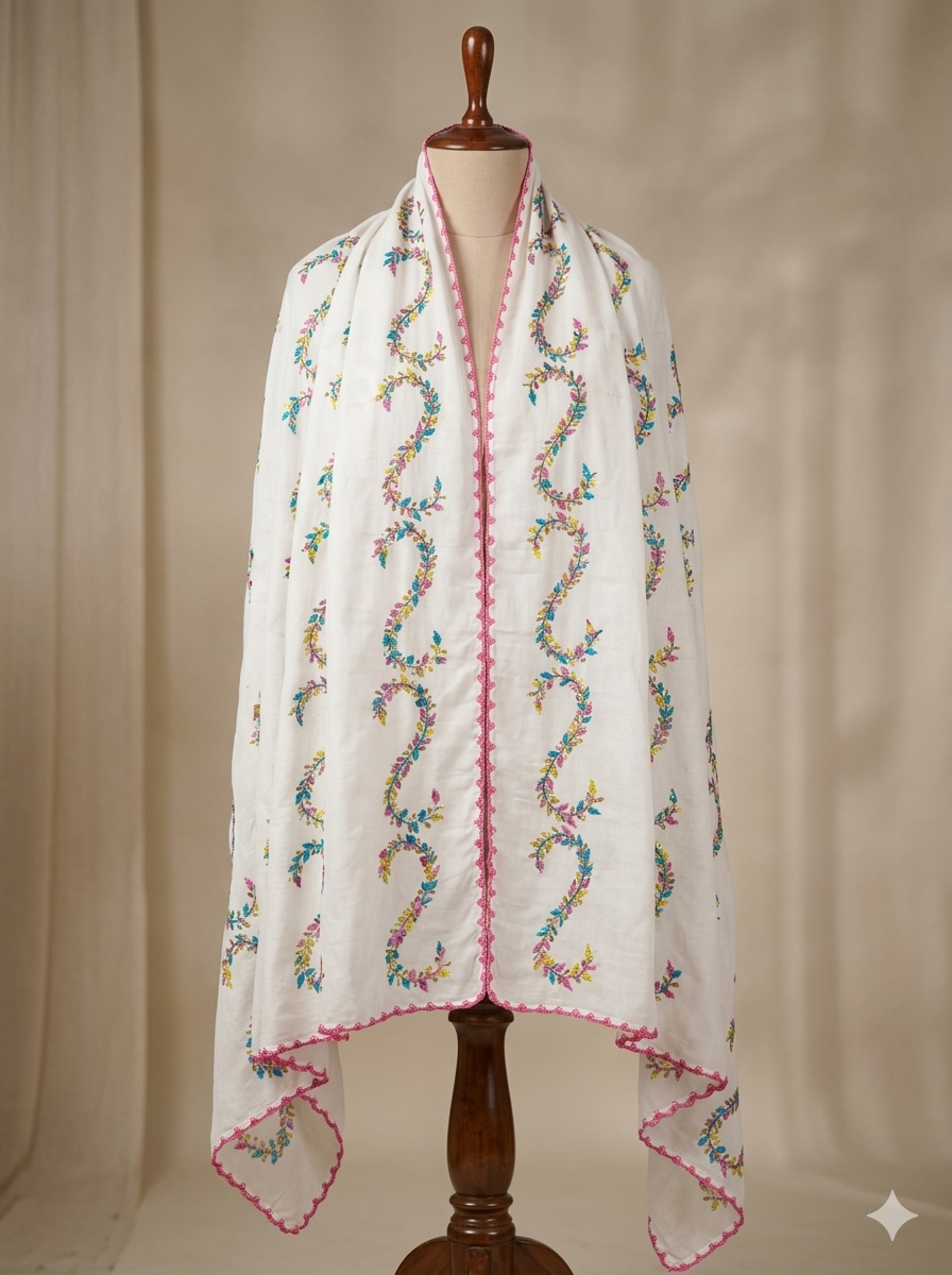 Swaticrafts Summer Elegance: Hand-Embroidered White Shawl
