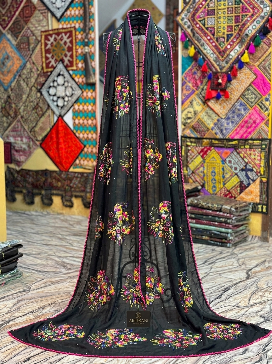 Swaticrafts SWISS LAWN Vibrant Peacock Motif Black Silk-Feel Dupatta