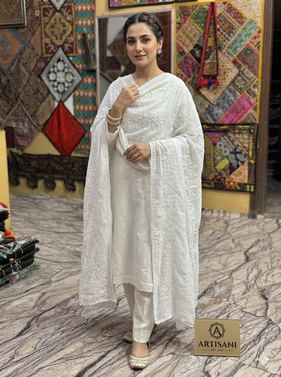 Swaticrafts Elegant White Hand-Embroidered Swiss Lawn Summer Shawl