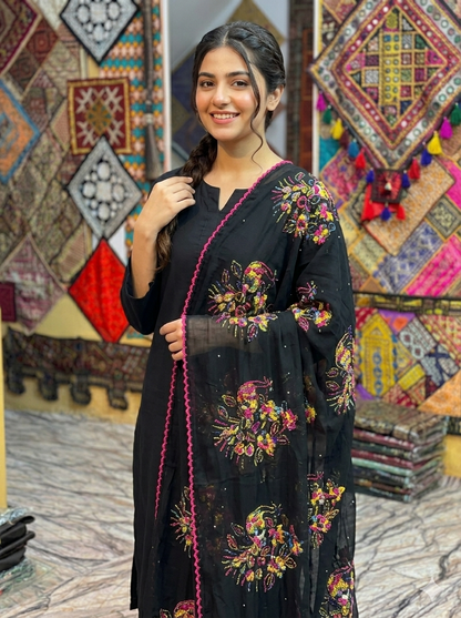 Swaticrafts SWISS LAWN Vibrant Peacock Motif Black Silk-Feel Dupatta