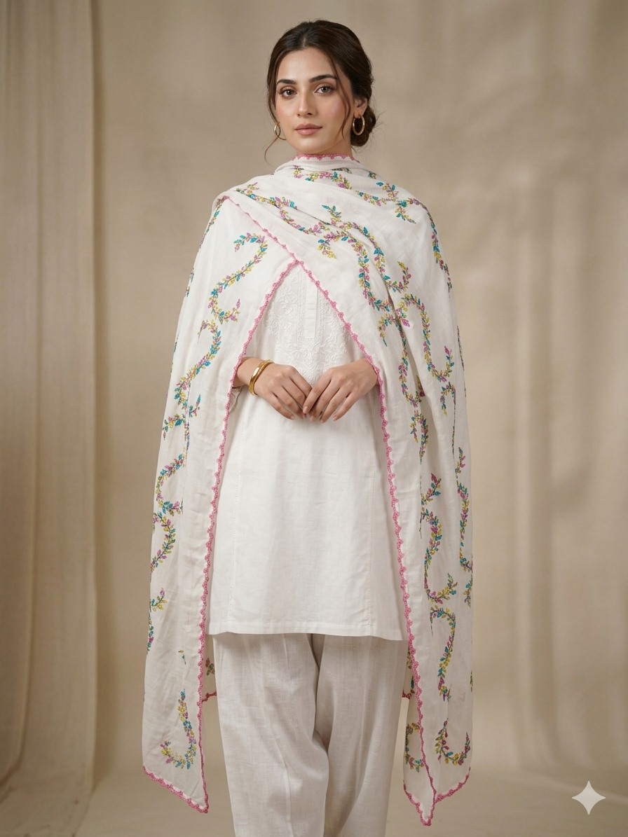 Swaticrafts Summer Elegance: Hand-Embroidered White Shawl