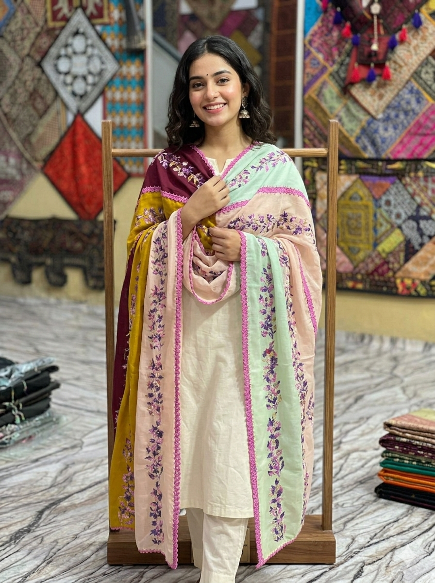 Swaticrafts Artisan Multi-Panel Swiss Lawn Hand-Embroidered Shawl