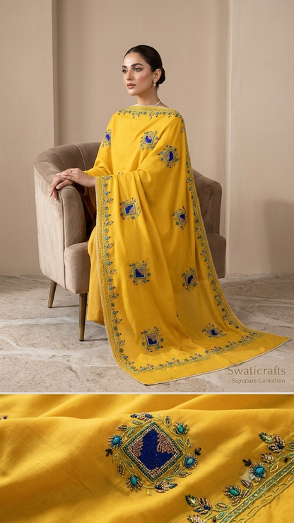Swaticrafts Signature: Imperial Yellow Hand-Embroidered Lawn