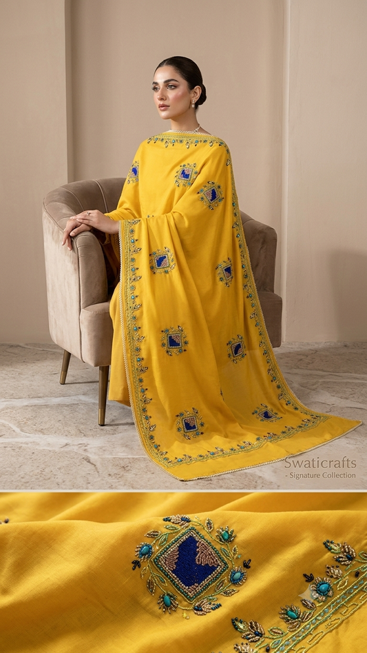 Swaticrafts Signature: Imperial Yellow Hand-Embroidered Lawn