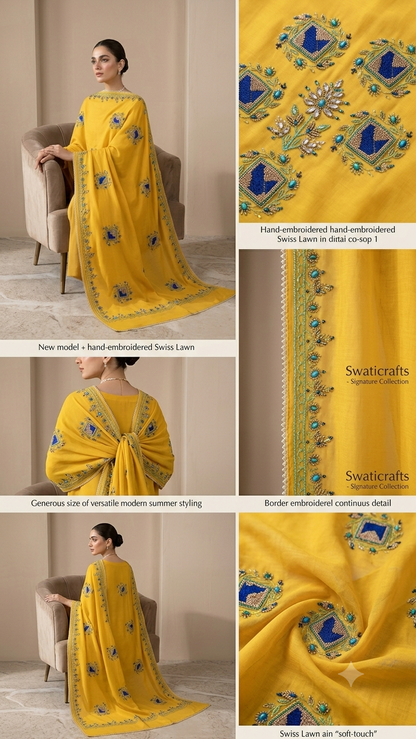 Swaticrafts Signature: Imperial Yellow Hand-Embroidered Lawn