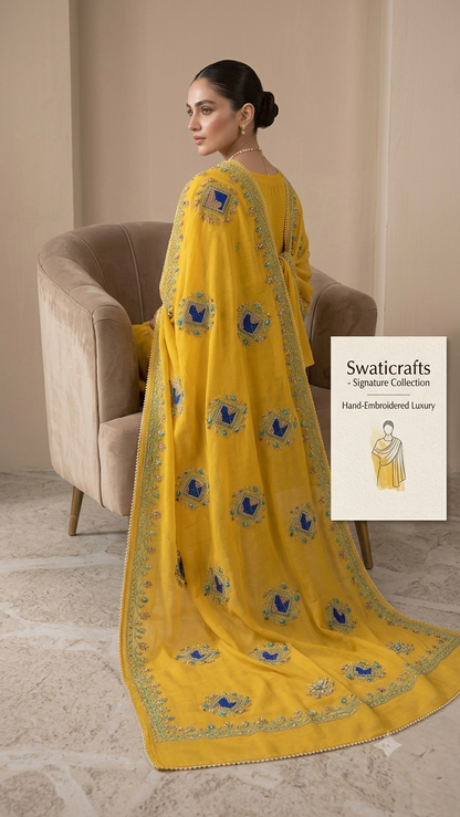 Swaticrafts Signature: Imperial Yellow Hand-Embroidered Lawn